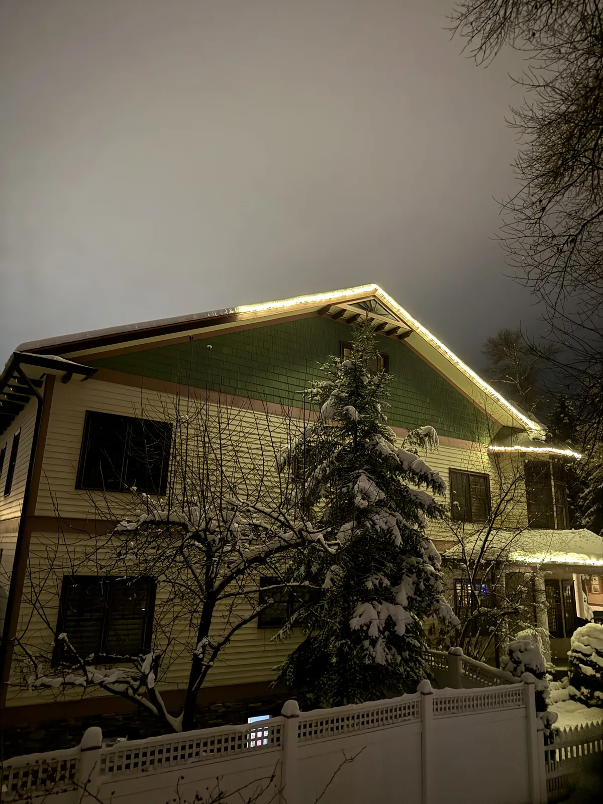 A steep green-sided gable lit with a single warm-white line along the roof edge and ridge at dusk, a snow-covered fir tree in front