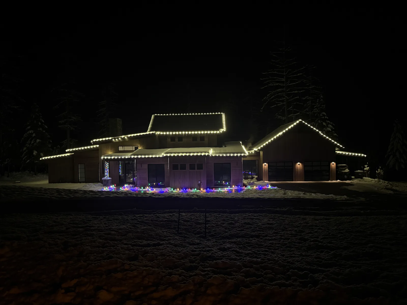 A home with warm-white and green roofline lights, red lights wrapped up two porch-column trees, and a lit Christmas tree visible through the window
