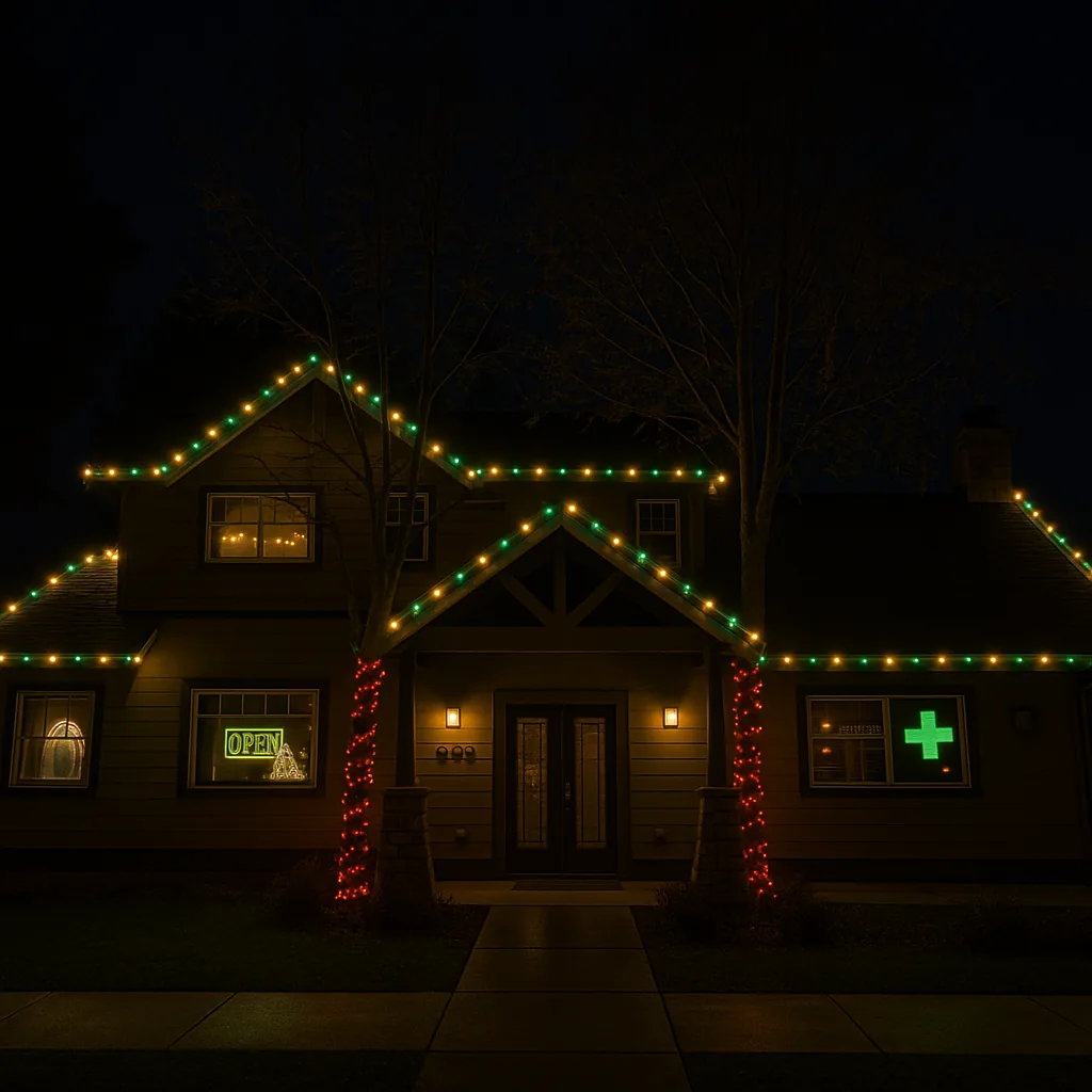 A commercial storefront at night with its roofline and entry columns outlined in warm-white and red lights